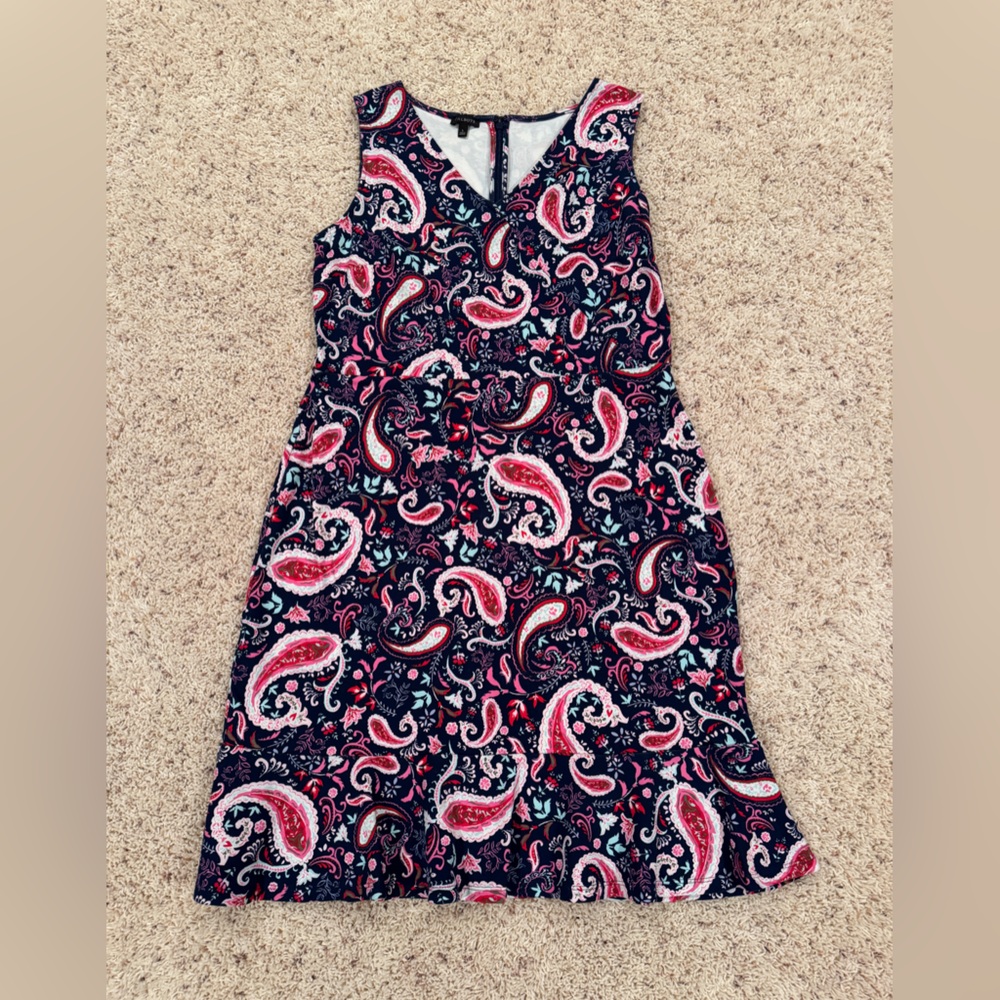 Talbots Navy Floral Pattern Dress with Red and Pink Accents